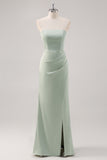 Simple Mermaid Satin Strapless Sage Green Bridesmaid Dress with Slit