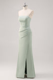 Simple Mermaid Satin Strapless Sage Green Bridesmaid Dress with Slit