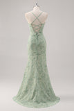 Floral Green Corset Mermaid Lace-Up Back Bridesmaid Dress with Slit