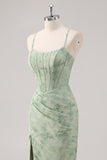 Floral Green Corset Mermaid Lace-Up Back Bridesmaid Dress with Slit