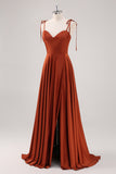 Rust Pleated A Line Spaghetti Straps Bridesmaid Dress with Slit