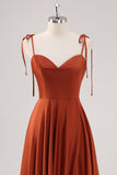 Rust Pleated A Line Spaghetti Straps Bridesmaid Dress with Slit