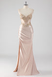 Sparkly Champagne Corset Appliques Prom Dress with Slit