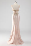 Sparkly Champagne Corset Appliques Prom Dress with Slit