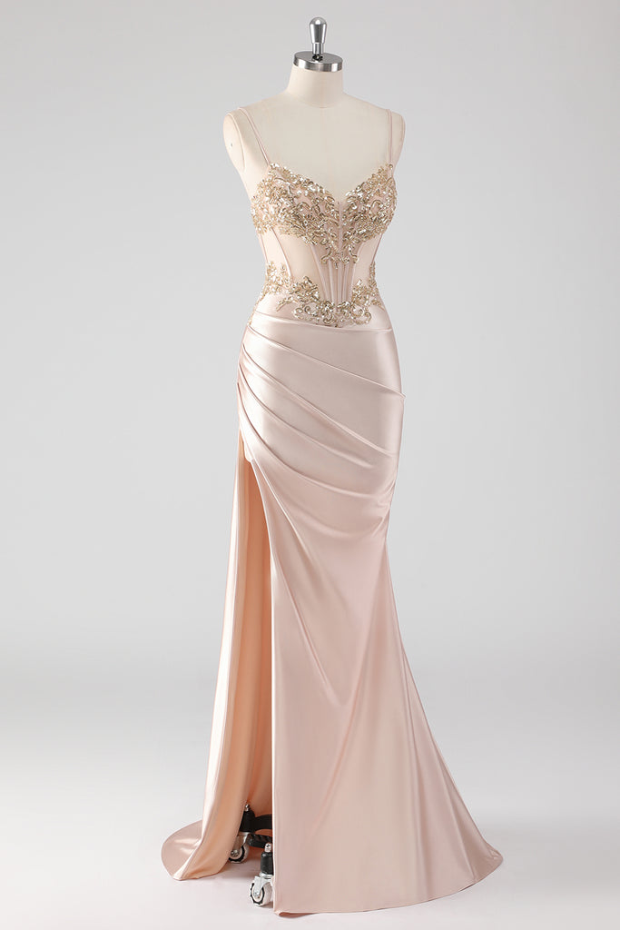 Zapaka Women Sparkly Prom Dress Champagne Corset Appliques Slit Long
