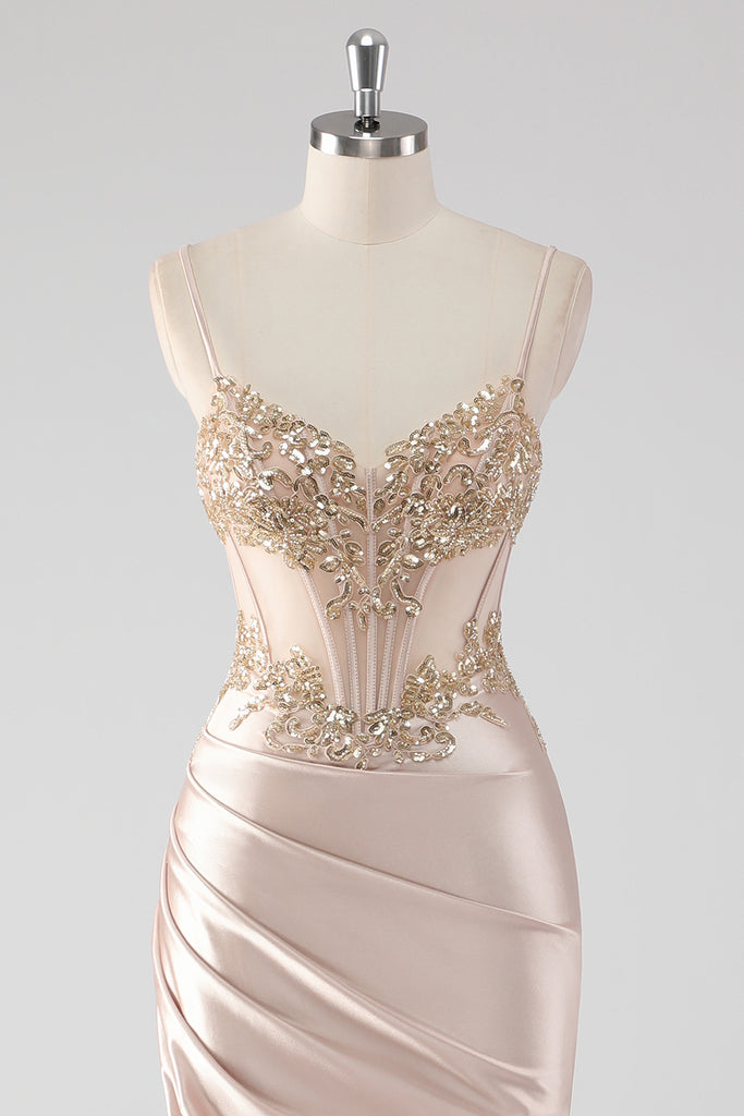 Zapaka Women Sparkly Prom Dress Champagne Corset Appliques Slit Long
