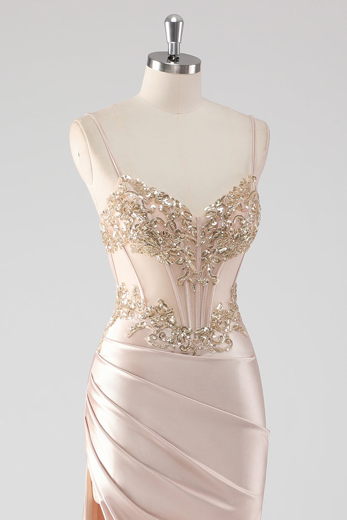 Zapaka Women Sparkly Prom Dress Champagne Corset Appliques Slit Long