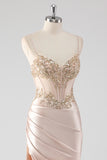 Sparkly Champagne Corset Appliques Prom Dress with Slit