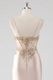 Sparkly Champagne Corset Appliques Prom Dress with Slit