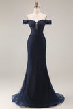 Sparkly Navy Off the Shoulder Mermaid Appliqued Long Prom Dress with Beading