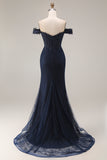Sparkly Navy Off the Shoulder Mermaid Appliqued Long Prom Dress with Beading