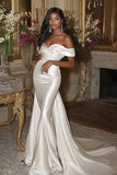 Off the Shoulder White Satin Pleated Mermaid Long Wedding Dress