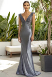 Sheath Dark Grey Off the Shoulder Metallic Satin Fommal Dress