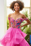 Fuchsia A Line Off the Shoulder Tulle Formal Dress