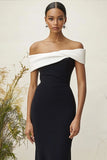 Matte Satin Off the Shoulder Black Column Formal Dress