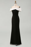 Matte Satin Off the Shoulder Black Column Formal Dress