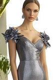 Metallic Dark Grey Sheath V-Neck Formal Dress with 3D Flowers