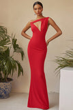 Satin Red Sheath Cut Out Formal Dress