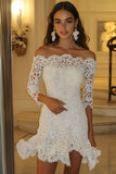 Off the Shoulder White Lace A Line Long Sleeves Graduation Dress