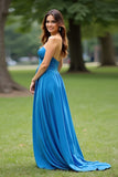 Dark Blue A Line Strapless Pleated Wedding Guest Dress