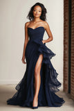 Navy Sweetheart Ruffled Mermaid Long Formal Dress with Slit