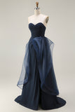 Navy A Line Sweetheart Ruched Long Prom Dress with Ruffles