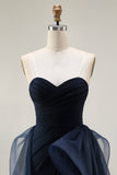 Navy A Line Sweetheart Ruched Long Prom Dress with Ruffles