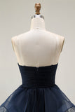 Navy A Line Sweetheart Ruched Long Prom Dress with Ruffles
