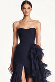 Navy A Line Slit Pleated Sweetheart Prom Dress with Ruffled Sash