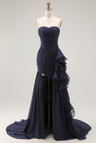 Navy A Line Slit Pleated Sweetheart Prom Dress with Ruffled Sash