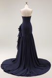 Navy A Line Slit Pleated Sweetheart Prom Dress with Ruffled Sash