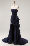 Navy Sweetheart A Line Pleated Prom Dress with Ruffled Sash