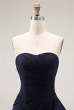 Navy Sweetheart A Line Pleated Prom Dress with Ruffled Sash