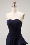 Navy Sweetheart A Line Pleated Prom Dress with Ruffled Sash
