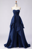 Navy Strapless Ruffled A Line Pleated Long Prom Dress with Slit