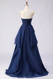 Navy Strapless Ruffled A Line Pleated Long Prom Dress with Slit