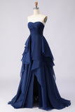 Navy Strapless Ruffled A Line Pleated Long Prom Dress with Slit