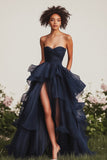 A Line Sweetheart Ruffled Navy Prom Dress with Front Slit