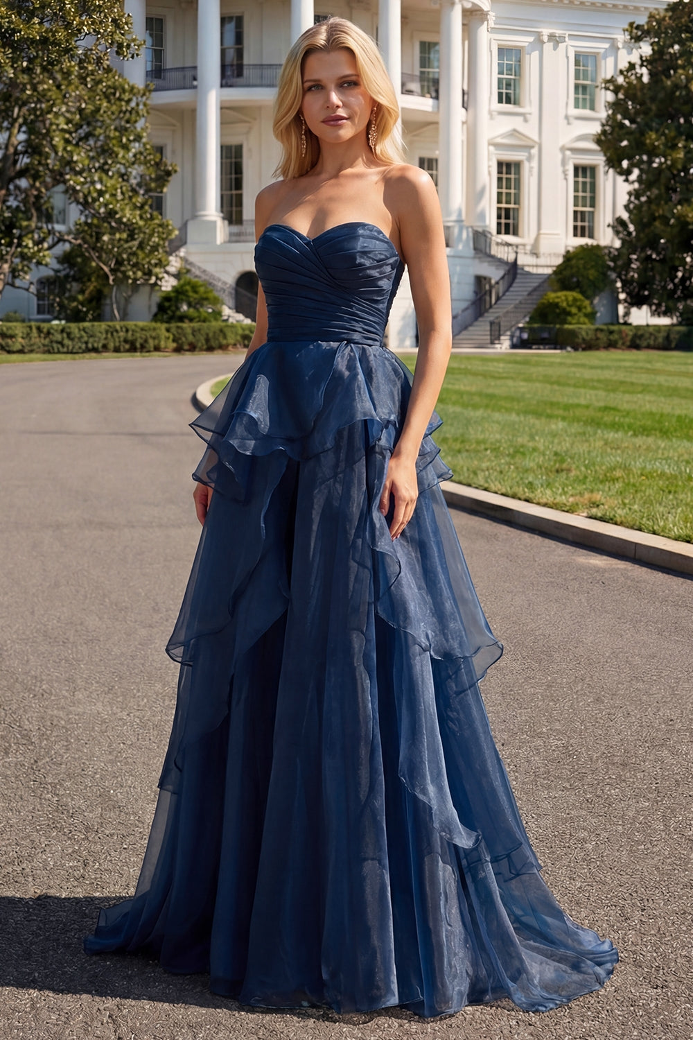 strapless pleated prom dress Yellow Mermaid Strapless Satin Pleated Long Prom Dress with Slit Black / 00