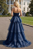 Navy Princess Strapless Ruffled A-Line Long Prom Dress