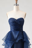 Navy Princess Strapless Ruffled A-Line Long Prom Dress