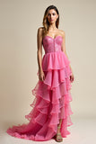 Coral Tulle Tiered A Line Strapless Prom Dress with Beading