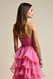 Coral Tulle Tiered A Line Strapless Prom Dress with Beading