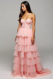 Blush Tiered Tulle Strapless A Line Prom Dress