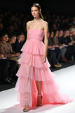 Pink Strapless Tiered A Line Gala Dress with Slit