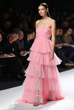 Pink Strapless Tiered A Line Gala Dress with Slit