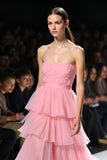 Pink Strapless Tiered A Line Gala Dress with Slit