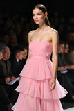 Pink Strapless Tiered A Line Gala Dress with Slit