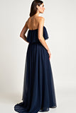 Navy Tulle Strapless A-Line Long Wedding Guest Dress with Ruffles