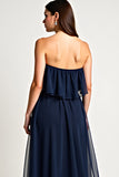 Navy Tulle Strapless A-Line Long Wedding Guest Dress with Ruffles